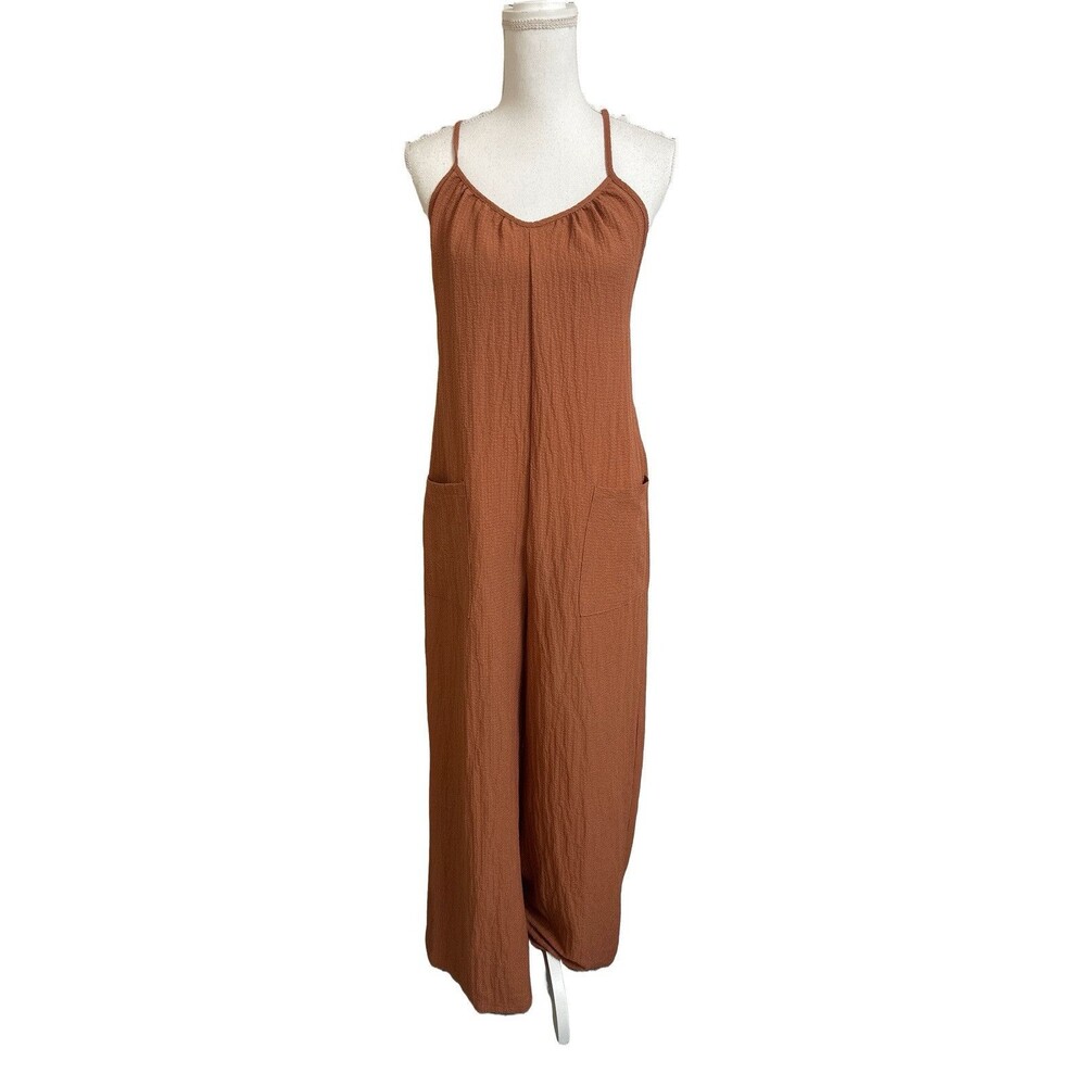 Shein Women's S Rust Dual Pocket Sleeveless Cami Jumpsuit Summer Beach Wide Leg